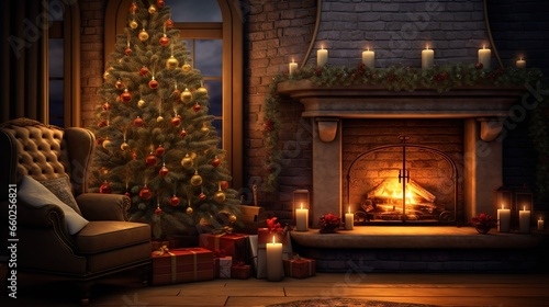 a lit up christmas tree in a cozy home at night
