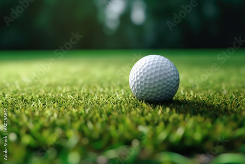 Close up on a white golf ball on a green meadow