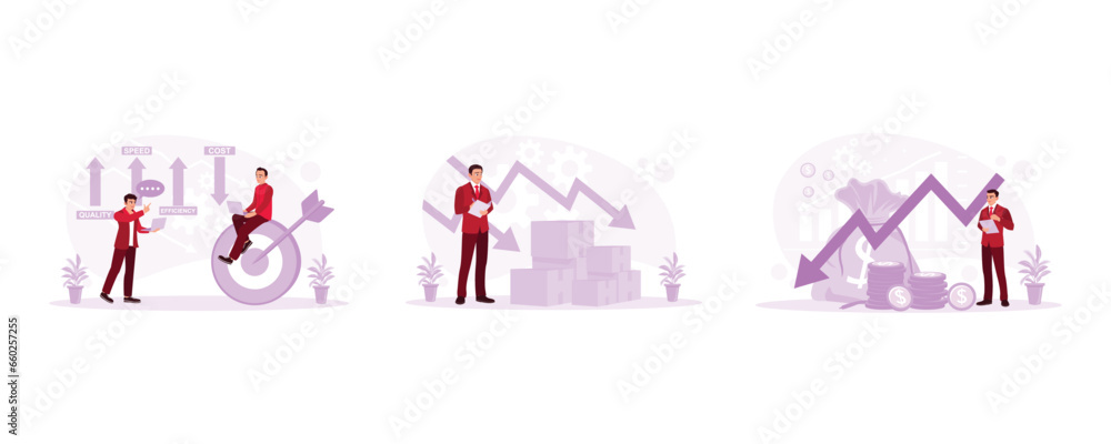 Businessman analyzes office management. Demand for goods decreases. He is examining the company's declining financials. Cost Reduction concept. set trend modern vector flat illustration
