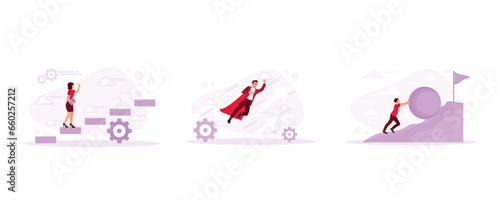 The concept of leadership and career development. Businessman flying in the air to success. Work hard to push the load to the finish, in-progress concept. set trend modern vector flat illustration