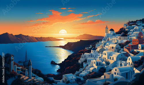 Illustration of Santorini island of Greece, presentation picture, colorful illustration, travel postcard, tourism promotion concept, Generative AI