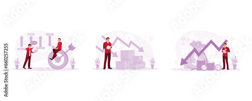 Businessman analyzes office management. Demand for goods decreases. He is examining the company's declining financials. Cost Reduction concept. set trend modern vector flat illustration