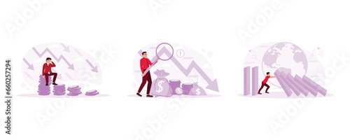 Stack of coins with descending arrow. Loss of investment and capital flight. Resist the domino effect. Financial Instability concept. set modern vector flat illustration