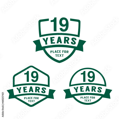 19 years anniversary celebration logotype. 19th anniversary logo collection. Set of anniversary design template. Vector illustration.