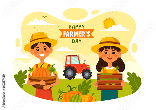 Happy Farmers' Day Vector Illustration on December 23 Rice Fields and Farmers Suitable for Poster or Landing Page in Flat Cartoon Background Design