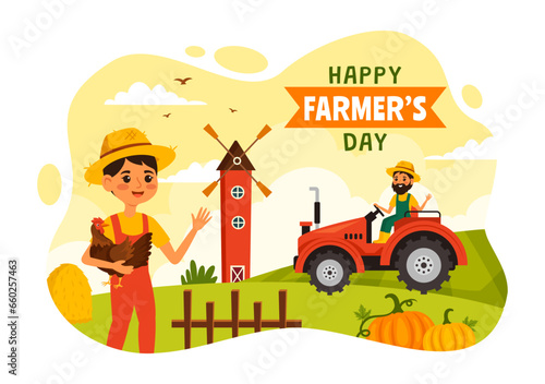 Happy Farmers' Day Vector Illustration on December 23 Rice Fields and Farmers Suitable for Poster or Landing Page in Flat Cartoon Background Design