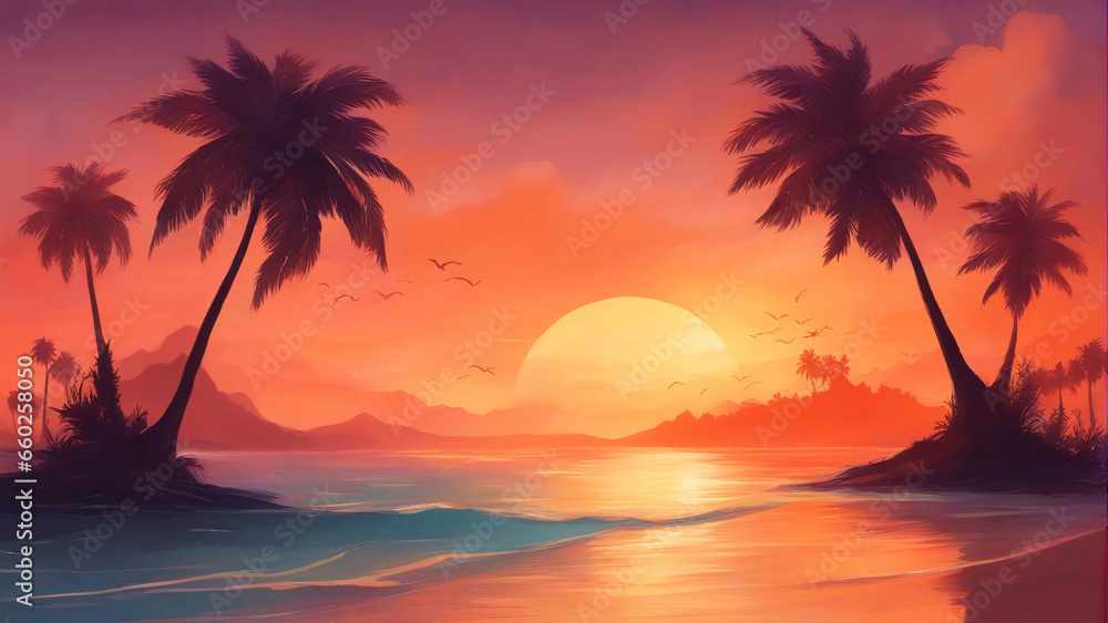 Sunset on the beach with palm trees in the background.
