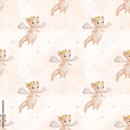 Seamless watercolor delicate beige pastel pattern with adorable baby dragon. Funny childish background for fabric  nursery wallpaper. Hand drawn baby dragon