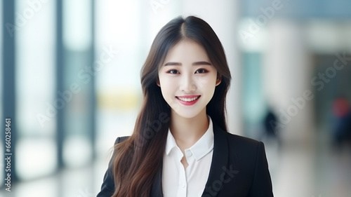 portrait of smiling asia investor or businesswoman hold phone in office or stock market exchange