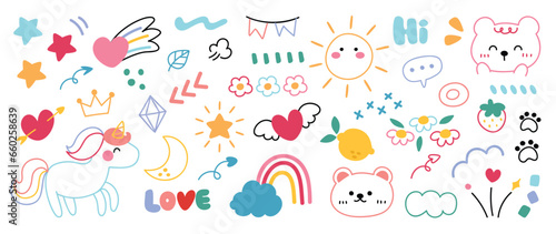 Cute hand drawn doodle vector set. Colorful collection of leaf, scribble, animal, flower, rainbow, cloud, unicorn, moon, sun. Adorable creative design element for decoration, ads, prints, branding.