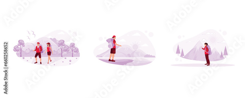 Enjoy summer by hiking in the mountains. Climb a mountain when the sun is bright. Female hiker checking weather forecast via mobile phone and hiking Mountain concept. 