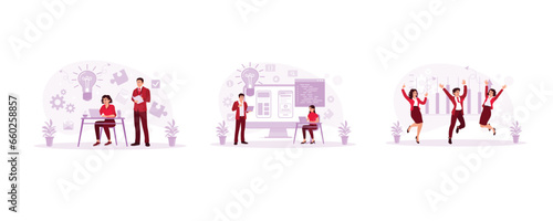 Exchange ideas. Female UX Architect Discussing with Male Design Engineer. A successful partnership team celebrates achievements. Employees Working concept. Set Trend Modern vector flat illustration