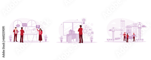 Engineers are discussing projects in the office. Miniature house to be made. Working on outdoor structure building techniques. Architect concept. Set Trend Modern vector flat illustration
