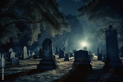 Eerie graveyard at night. Generative AI