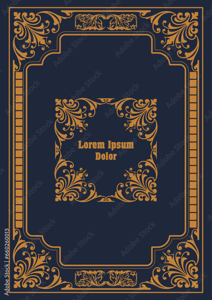 Gold ornament on dark background. Can be used as invitation card. Book cover. Vector illustration