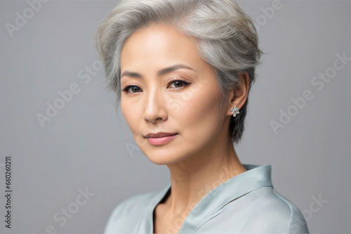 In portrait of beautiful Japanese  Korean  Asian woman with beautiful healthy facial skin Gorgeous elderly mature woman with short hair and happy smile. Beauty and cosmetics skin care advertising conc