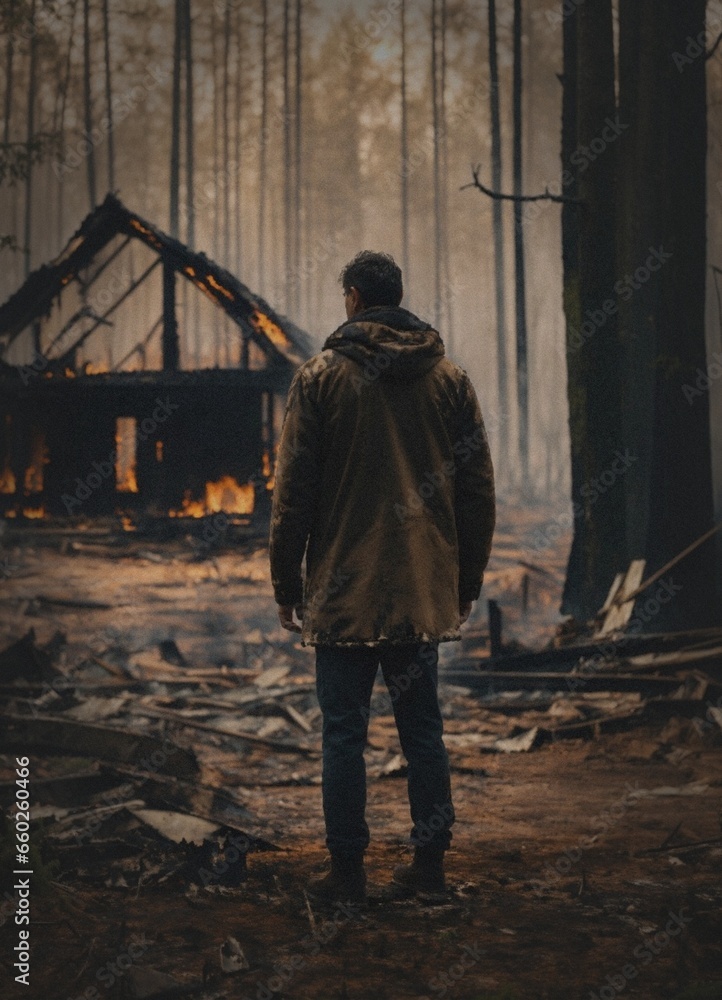 A sad man standing in front of a burnt down home in a forest, A sad man standing in front of a burnt down home in a forest,
