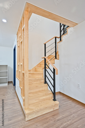 The wooden stairs are old-fashioned and classic