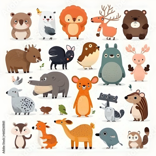 lots of cute animals vector style cartoon white background  photo