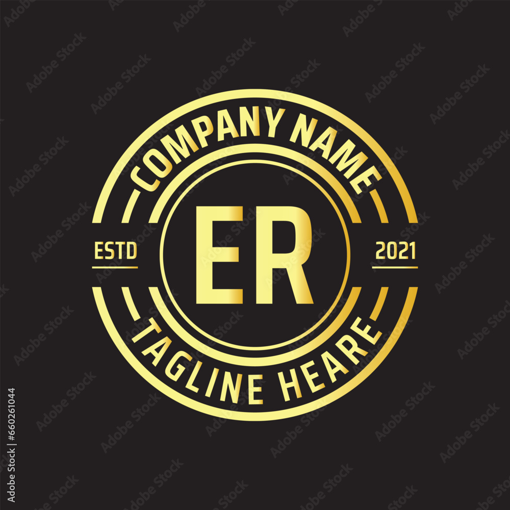Professional simple Letter ER Circle Luxury Gold Color Vector Logo Template