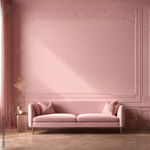 Modern living room with pink furniture, interior wall mockup, with pink sofa on empty pink wall background, free space for mockup