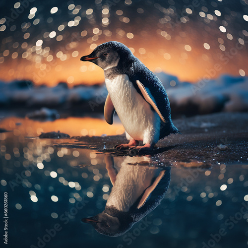 a happy little pengin and his reflection photo