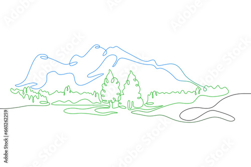 Beautiful mountain landscape. Mountain Lake. Forests on the slope of the mountains. High mountains.Colorful gradient line. One continuous line.Linear.Hand drawn,white background