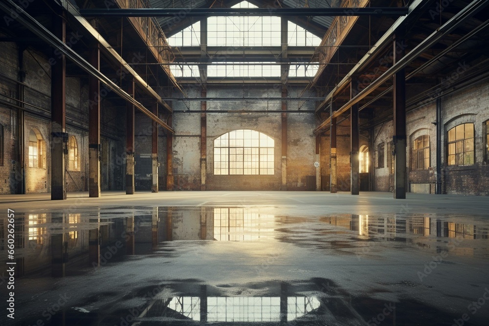 The awe of industrial architecture shines as an old factory turns into a breathtaking contemporary art gallery. Generative AI