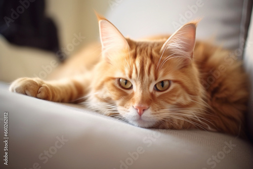 Ginger Cat Laying on the Sofa, Close up Photo of Red Cat © alisaaa