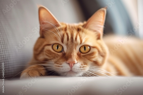 Ginger Cat Laying on the Sofa, Close up Photo of Red Cat