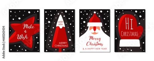Set of christmas greeting cards with lettering, red, white and black, flat vector illustration with abstract fir tree, santa claus, star and glove design for marketing, voucher, invitation