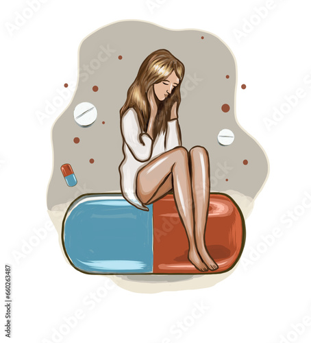 No drugs, concept design. Woman in a jar of pills. International day against drug abuse illustration, banner