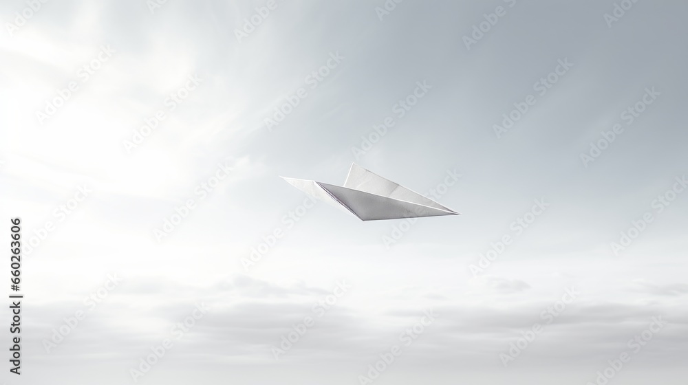 A playful and adventurous image of a white paper airplane flying in the sky. The paper airplane is flying towards the right side of the image. The sky is a light blue with white clouds.