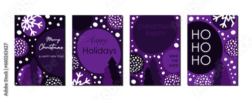 Vector set of social media stories design templates, backgrounds with copy space for text christmas and winter landscape. Winter background with snowflakes and purple fir trees