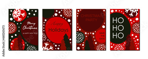 Set of christmas greeting cards with lettering, red and green, flat vector illustration with abstract of snowflakes and fir trees design for marketing, voucher, invitation, brochure