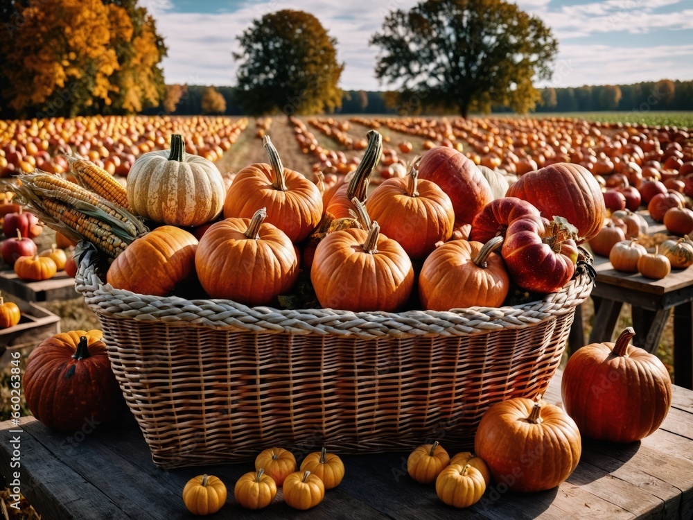 Basket of Pumpkins Cornucopia Fall Harvest Scene, Apples, and Corn on Top of Table With Field Trees And Sky Background, Still Life. Basket of Pumpkins Cornucopia Fall Harvest Scene, Apples, and Corn on Top of Table With Field Trees And Sky Background, Still Life.
