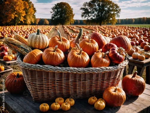 Basket of Pumpkins Cornucopia Fall Harvest Scene, Apples, and Corn on Top of Table With Field Trees And Sky Background, Still Life. 