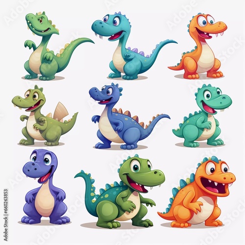 set of illustrations of types of dinosaurs with cartoon characters isolated on white background