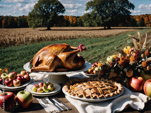 Thanksgiving Turkey Fall Harvest Scene, ,with Apples, Pie, and Corn on Top of Table With Field Trees And Sky Background, Still Life. 