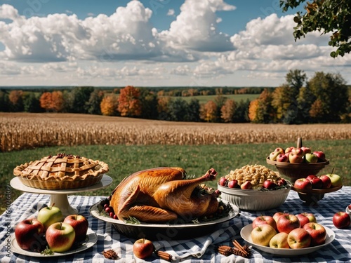 Thanksgiving Turkey Fall Harvest Scene, ,with Apples, Pie, and Corn on Top of Table With Field Trees And Sky Background, Still Life. 