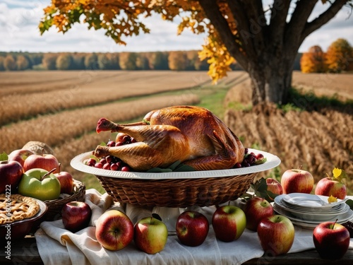 Thanksgiving Turkey Fall Harvest Scene, ,with Apples, Pie, and Corn on Top of Table With Field Trees And Sky Background, Still Life. 