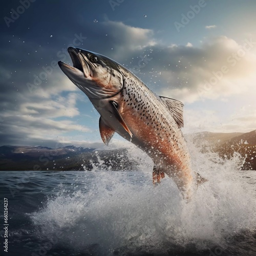 jumping tuna fish isolated on sea and sky background,