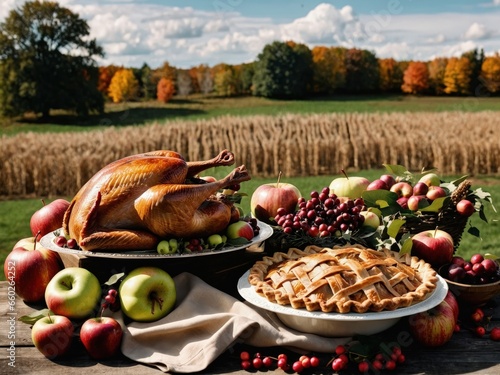 Thanksgiving Turkey Fall Harvest Scene, ,with Apples, Pie, and Corn on Top of Table With Field Trees And Sky Background, Still Life. 
