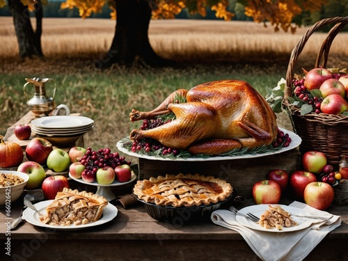 Thanksgiving Turkey Fall Harvest Scene, ,with Apples, Pie, and Corn on Top of Table With Field Trees And Sky Background, Still Life. 