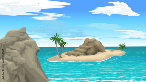 Small coral rock island view in the ocean, tropical coconut palm tree island flat vector illustration