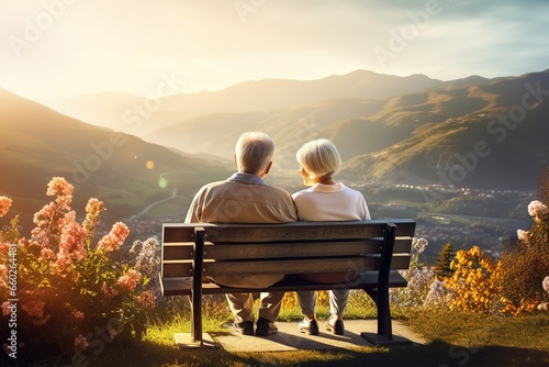 couple sitting on a bench in the mountains photo