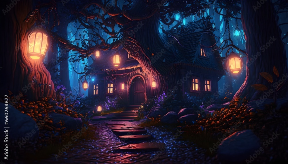 cozy rainy night enchanted forest with gloving bushed amazing view fairy tale wide angle unreal engine 5 