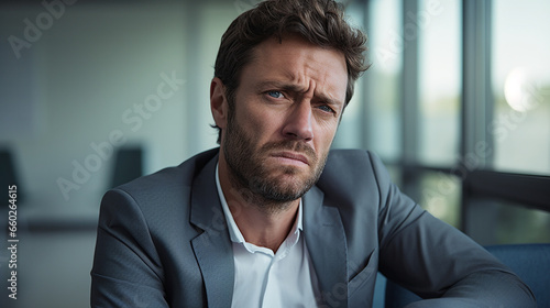 An attractive middle-aged man deep in thought frowning
