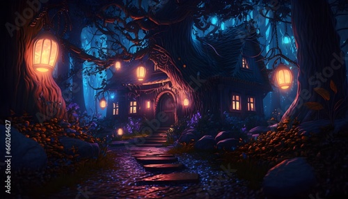 cozy rainy night enchanted forest with gloving bushed amazing view fairy tale wide angle unreal engine 5  © Debra