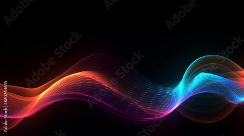 Glowing neon multicolor techno dynamic wave on black background